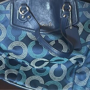 Blue Coach Tote - Leather trim on front, straps, & bottom